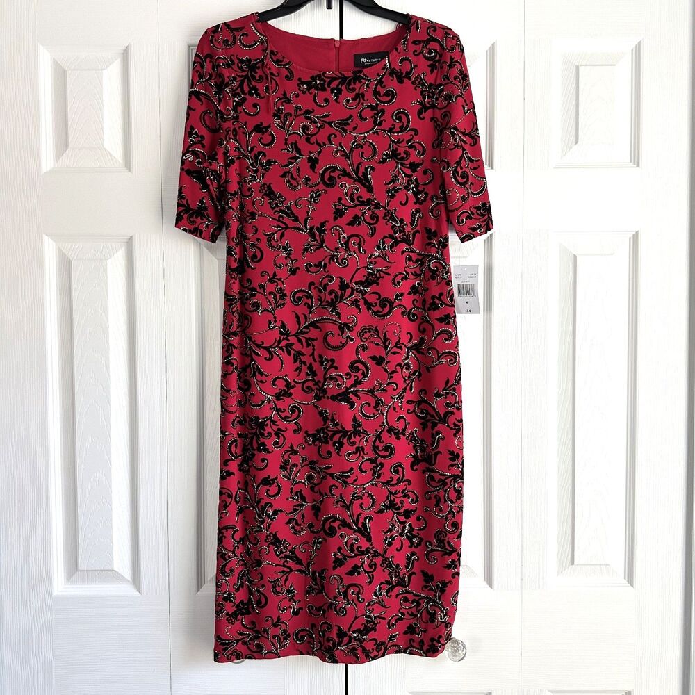 NWT RN Studio Ronni Nicole Holiday Red Black Scroll Pattern Party Dress Size 6